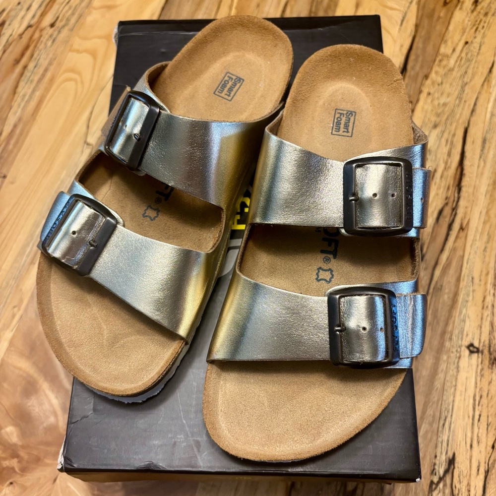 Fly Soft Women's 100% Genuine Leather Sandals Double Strap Buckle Gold Sz 37 6.5